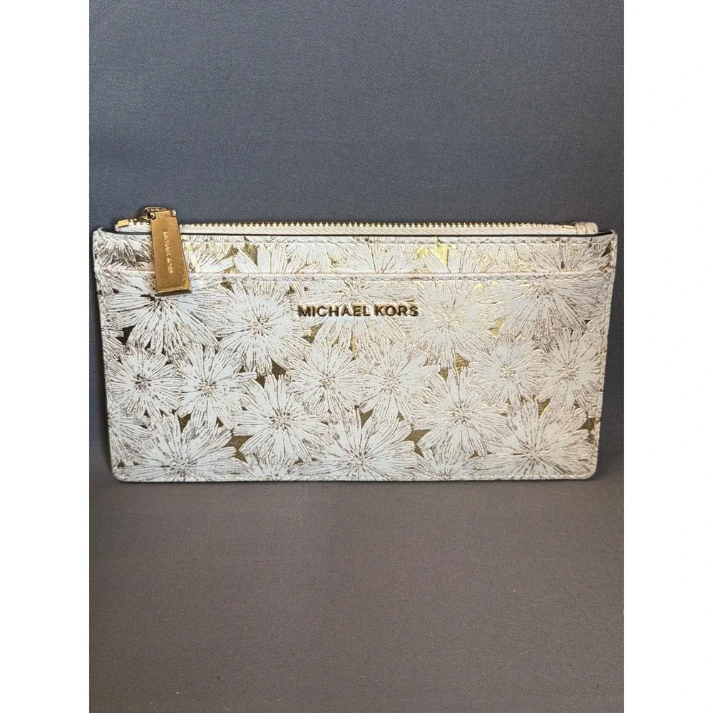 Michael Kors Slim Card Case Wallet Gold Floral Cream Leather Zip Key Ring